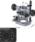 Built Tough Aluminum Plunge Router Base Bracket Replacement For Compact Palm Routers With Effortless Quick Lock Setup and Ridiculously Fine Depth Tweaking For Serious Builders detailed view with dimensions.