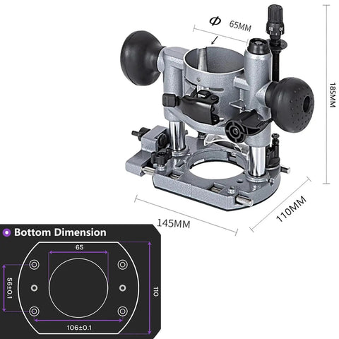Built Tough Aluminum Plunge Router Base Bracket Replacement For Compact Palm Routers With Effortless Quick Lock Setup and Ridiculously Fine Depth Tweaking For Serious Builders detailed view with dimensions.