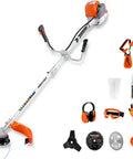 40cc Gas Powered Beast Of A Brush Cutter With 4 Cycle Engine and accessories including blades, gloves, and ear protection