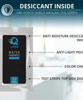 Hard Water Test Kit With DoubleCheck 50 Strips package with moisture desiccant and color chart for calcium and magnesium readout.