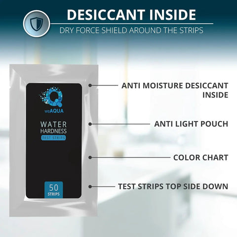 Hard Water Test Kit With DoubleCheck 50 Strips package with moisture desiccant and color chart for calcium and magnesium readout.