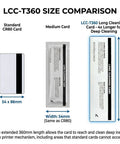 LCC-T360 size comparison showing standard CR80 card, medium card, and extended long cleaning card for deep cleaning.