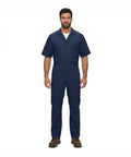 Essential Men's Short Sleeve Zip Up Coverall in Navy Blue, durable poly cotton blend, suitable for heavy duty tasks.