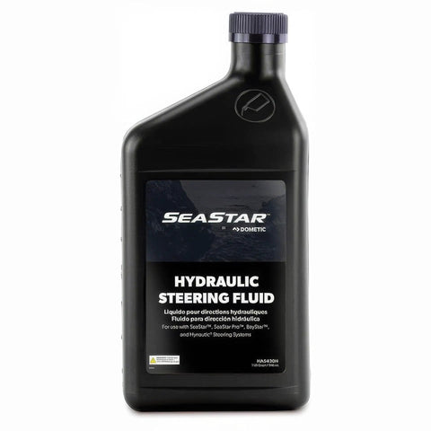 Seastar hydraulic steering fluid bottle for marine steering systems, black container with label visible