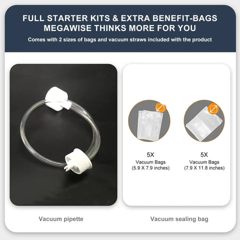 Vacuum pipette and two sizes of vacuum sealing bags for Powerful Compact Vacuum Sealer With One Touch Auto Seal, OMNI Machine Black.