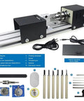 Standard Mini Wood Lathe Machine For Carving Pearl Beads And Metals Includes Speed Control Power Supply 12-24V plus tools and accessories.