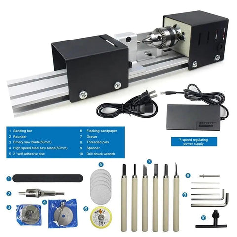 Standard Mini Wood Lathe Machine For Carving Pearl Beads And Metals Includes Speed Control Power Supply 12-24V plus tools and accessories.