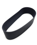 Close-up of a black rubber belt for machinery showing texture and loop shape