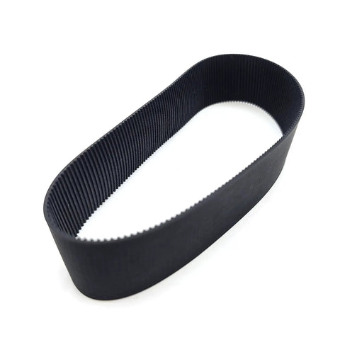 Close-up of a black rubber belt for machinery showing texture and loop shape