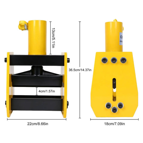High Performance 20 Ton Hydraulic Busbar Bender For Copper And Aluminum with measurements, featuring a sturdy yellow and black design.