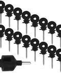51-Count Wood Post Screw-In Electric Fence Insulators With Socket Installation Tool Farm Ready Durable Black PP And Carbon Steel Sun Resistant And Secure Wire Holding For Livestock, shown with tool