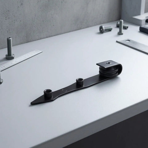 Heavy Duty Barn Door Hanger With Pointed Strap Rollers Rock Solid Metal Sliding Hardware on a workspace surface.