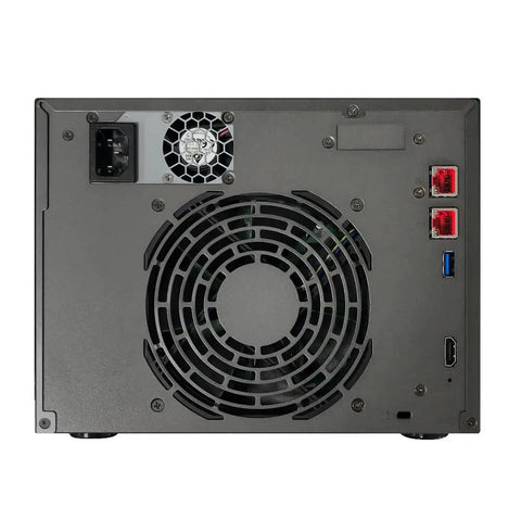 Back view of Top Shelf Six Bay Network Attached Storage With Beefy Intel Celeron Processor showing cooling fan and ports.