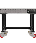 Shop Ready Heavy Duty Welding Fixture Table With Precision Laser Cut Grid Holes And Smooth Rolling Locking Casters For Zero Fuss Fabrication Rigs 48X30X36 with red casters.