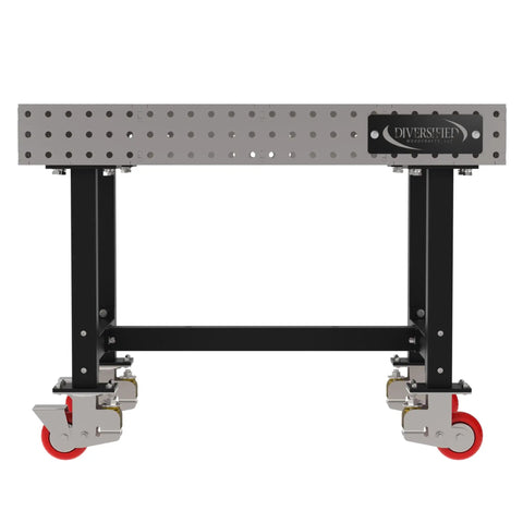 Shop Ready Heavy Duty Welding Fixture Table With Precision Laser Cut Grid Holes And Smooth Rolling Locking Casters For Zero Fuss Fabrication Rigs 48X30X36 with red casters.