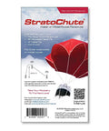 Packaging of StratoChute with red 24-inch parachute for water or model rockets, features and contents listed.