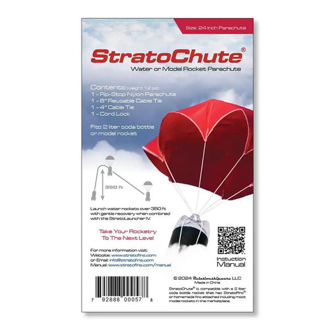 Packaging of StratoChute with red 24-inch parachute for water or model rockets, features and contents listed.
