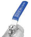 Heavy Duty Stainless Steel Quarter Turn Ball Valve One Point Five Inch Npt Female Full Bore Connection For Water Oil Gas Lines Built Different With Hella Smooth Control close-up showing blue handle and valve mechanism.