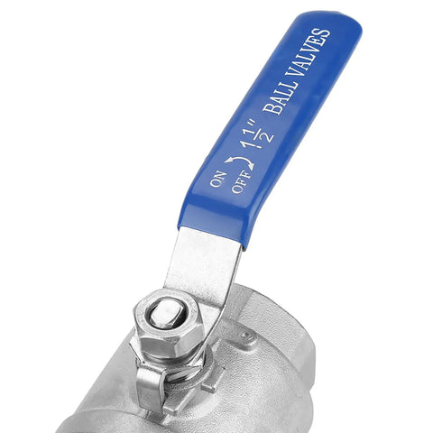 Heavy Duty Stainless Steel Quarter Turn Ball Valve One Point Five Inch Npt Female Full Bore Connection For Water Oil Gas Lines Built Different With Hella Smooth Control close-up showing blue handle and valve mechanism.