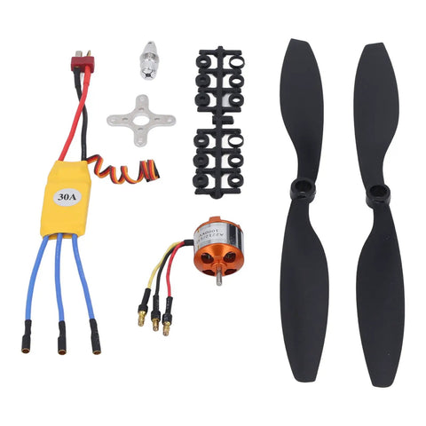 A2212 13T Brushless Motor Kit with 1000KV 30A ESC for 550 RC planes, includes motor, ESC, propellers, and connectors