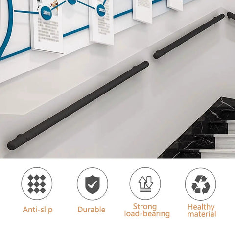 Slick Black Stainless Steel Railing Indoor And Outdoor Heavy Duty Wall Guardrail With Built Tough Foot Support For Stairs And Decks Corrosion Resistant Top Shelf Home Upgrade Kit mounted on staircase.