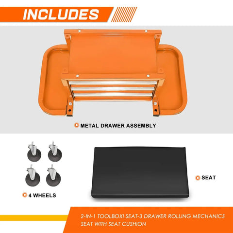 Heavy Duty 3 Drawer Tool Chest With Rolling Mechanic Seat And Built In Tool Trays 350 Lbs Weight Capacity Orange Finish with parts