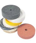 7 Piece 3 Inch Buffing And Polishing Wheels Kit Featuring 3 8 Arbor Mount For Bench Grinders Mixed Grit Abrasive Pads stacked neatly.