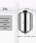 Legit Workhorse 304 Stainless Steel Pressure Tank With Vertical 24 Liter Design dimensions and specifications diagram.