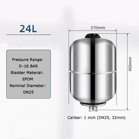 Legit Workhorse 304 Stainless Steel Pressure Tank With Vertical 24 Liter Design dimensions and specifications diagram.