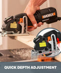 Compact Palm Saw With 3 Amp Motor And 3 3/8 Inch Blade For Clean Cuts Through Wood Aluminum Siding And Tile Ergonomic Thumb Grip Lightweight rotary trimmer adjusting depth during a wood cut.