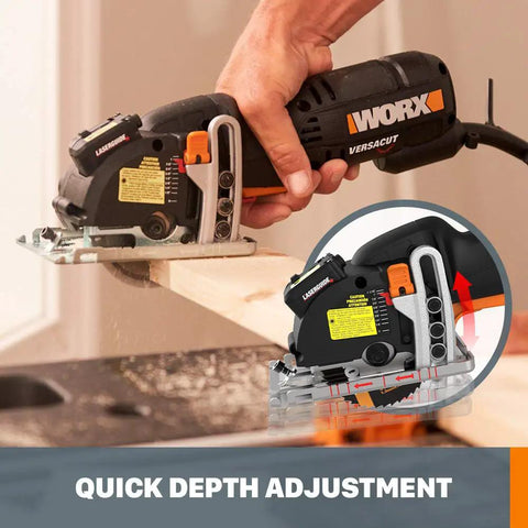 Compact Palm Saw With 3 Amp Motor And 3 3/8 Inch Blade For Clean Cuts Through Wood Aluminum Siding And Tile Ergonomic Thumb Grip Lightweight rotary trimmer adjusting depth during a wood cut.