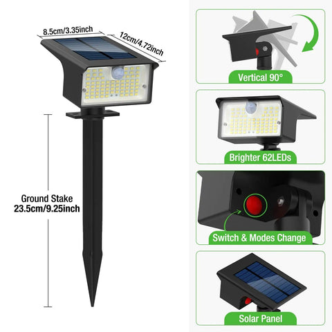 Super Duper Bright 3 Pack Solar Spot Lights Landscape Security, Smart Motion Sensor Snaps On Instantly When You Walk By, 62 Led 1000 Lumen Cool White Floods, Three Custom Modes, Total Game Changer For Any Yard Or Driveway