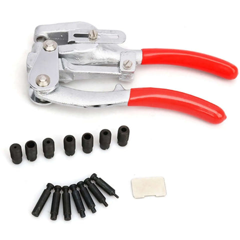Handheld Metal Hole Punch Kit With Stepless Depth Adjustment From 6 To 41mm, showing pliers and 7 die sizes for thin iron plate projects