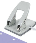 2 Hole Punch for Paper, Adjustable Heavy Duty Metal Hole Puncher with Locking Handle, 30 Sheet Capacity pictured with punched paper