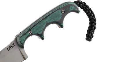 Close-up of Micarta handle on Minimalist Neck Knife With 12C27 Blade Steel, featuring durable thermoplastic sheath mount.