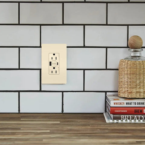 15 Amp GFCI Outlet With USB Ports Type A And C Tamper Resistant Decorator Duplex Light Almond Finish installed in kitchen