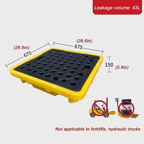 Heavy Duty Plastic Spill Pallet For Oil Drums And Industrial Liquids With Leak Proof Deck, dimensions shown, not for forklifts