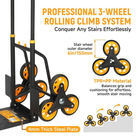 Heavy Duty Stair Climbing Cart With 330 Lb Capacity, 6 Wheel Folding Dolly And Telescoping Handle, Ergonomic Grip, Ideal For Moving Groceries, Boxes, And Bulky Items Up Stairs Or Across Floors. 3-wheel stair cart with 6in wheels and 4mm steel plate