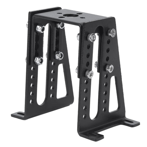 Front view of RC motor mounting bracket, black aluminum alloy, adjustable removable stands for small RC aircraft.