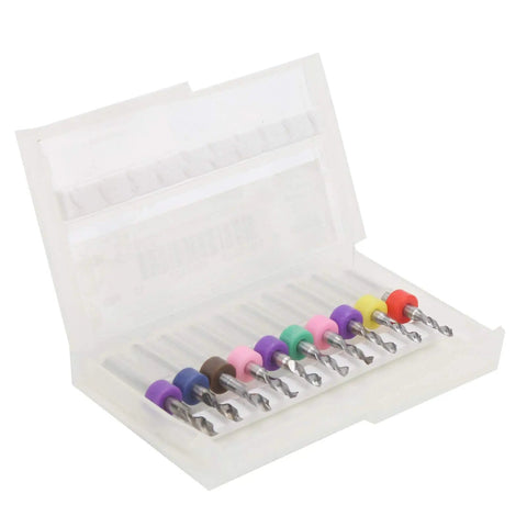 Open box of 10 Piece Cemented Carbide Mini Drill Bit Set For CNC PCBs 2.1 To 3 mm Straight Shank Precision Micro Drills For Circuit Boards And Electronics Projects