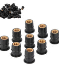 Rock Solid Rubber Well Nuts For Street Bikes And Atvs M6x0.8mm Thread, 10 black rubber well nuts with brass inserts.