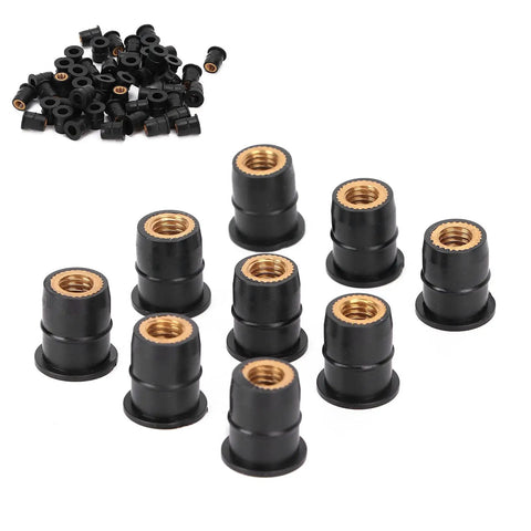 Rock Solid Rubber Well Nuts For Street Bikes And Atvs M6x0.8mm Thread, 10 black rubber well nuts with brass inserts.