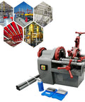 Heavy Duty Electric Pipe Threader And Cutter Machine 1/2 To 2 Inch NPT With Self Oil System 750W, showing cutting pipes and tool setup.