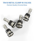 TR416 metal clamp-in valve stems, four silver outer-mount stems for 0.453–0.625 in rims