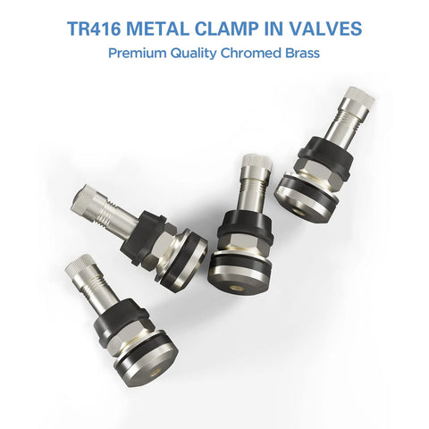 TR416 metal clamp-in valve stems, four silver outer-mount stems for 0.453–0.625 in rims