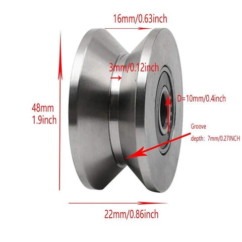 Badass Durability 304 Stainless Steel Pulley Roller Wheel With Silent Double Bearings V Groove Caster showing dimensions and design details.