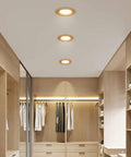 JUDYSSY 11Pack Wood Color Round Recessed Downlight retrofit LED Recessed Lighting installed in modern closet ceiling.