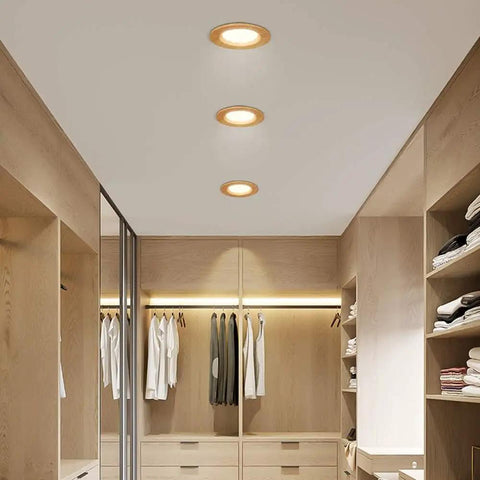 JUDYSSY 11Pack Wood Color Round Recessed Downlight retrofit LED Recessed Lighting installed in modern closet ceiling.