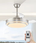 42 Inch Retractable Ceiling Fan With Remote, LED Lighting, And Brushed Nickel Finish, Smart Modern Ceiling Fan, Stepless Color Change, Dimmable Lights, Timer in use shown with remote control.