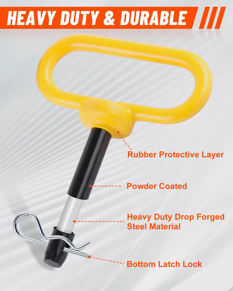 Beefy Half Inch By Three Inch Trailer Hitch Pin With Clip And Rubber-Coated Handle, Heavy-Duty Lawn Mower Hitch Pin For Mowers, Tractors, Trucks, Towing Cargo, ATV, 1500 Lbs Capacity